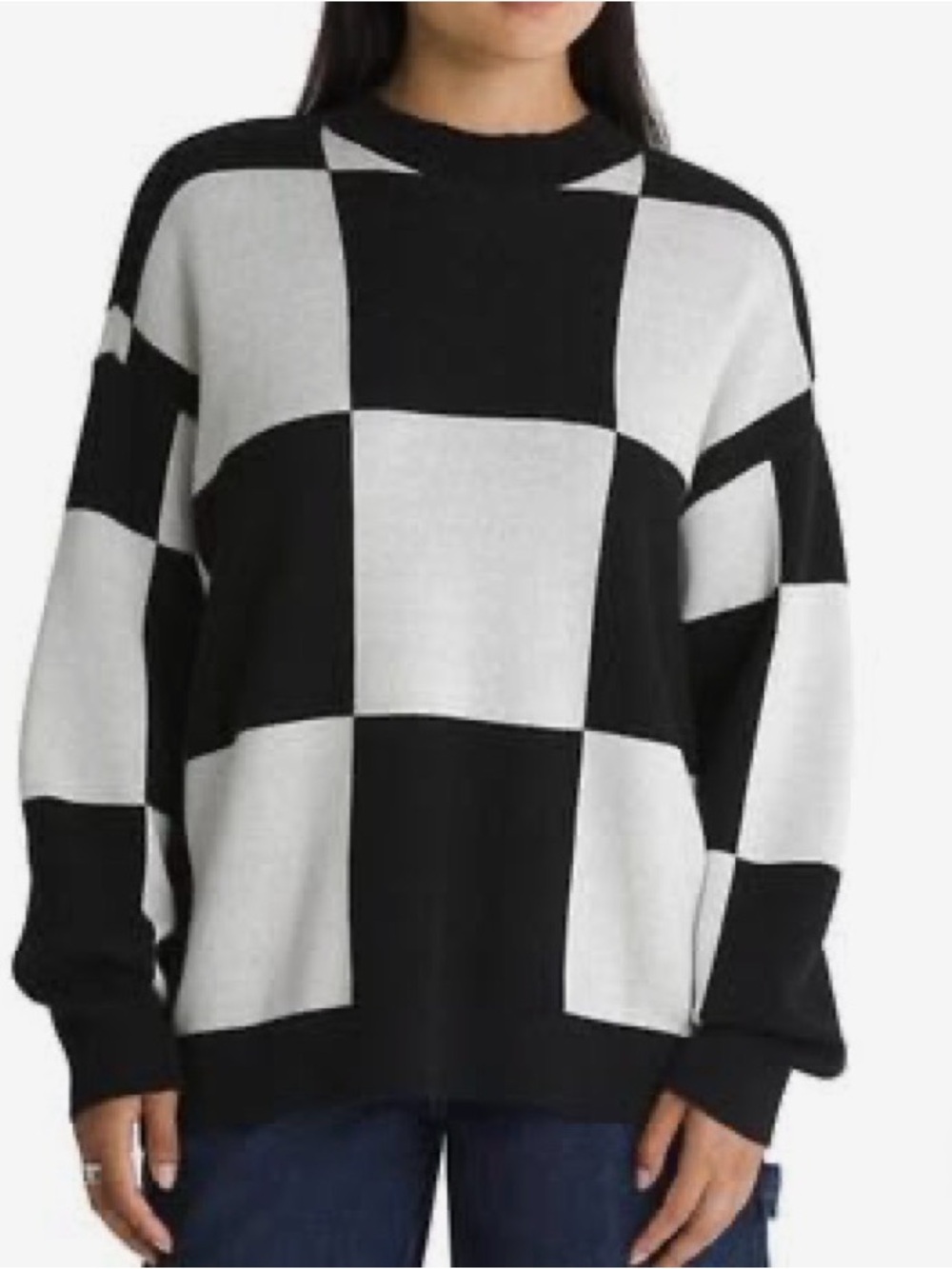 Vans Women’s Vortex Sweater Black & White Checkerboard Crewneck, Relaxed Fit